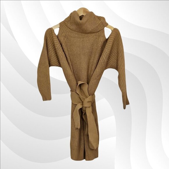 2/$30 Lulus Sweet Demeanor Camel Turtleneck Cold-Shoulder Sweater Dress Size S - Picture 3 of 8